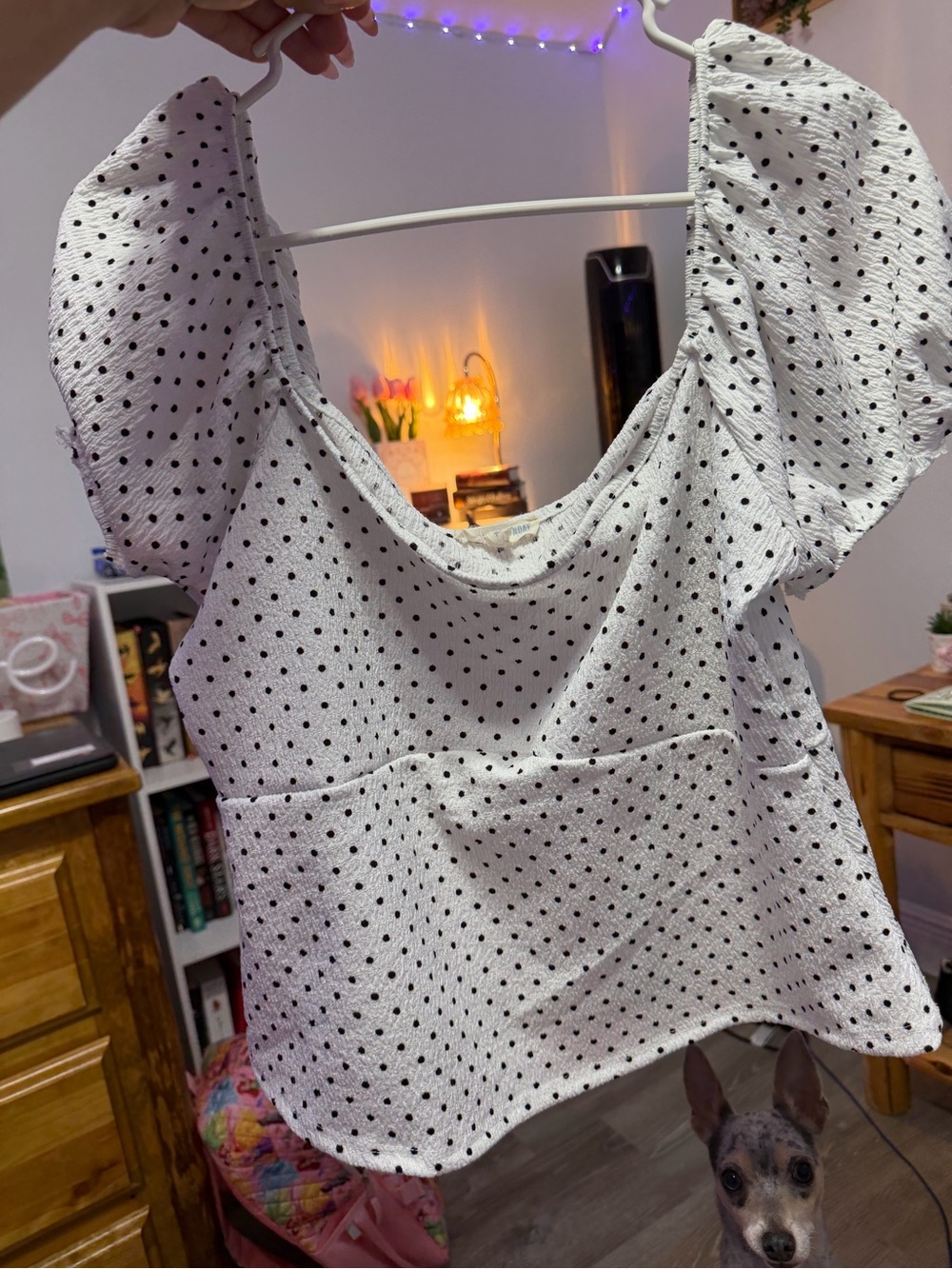 White Polka Dot Puff-Sleeve Women's Top